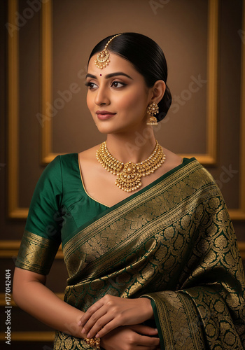 Woman wearing green silk saree and gold jewelry