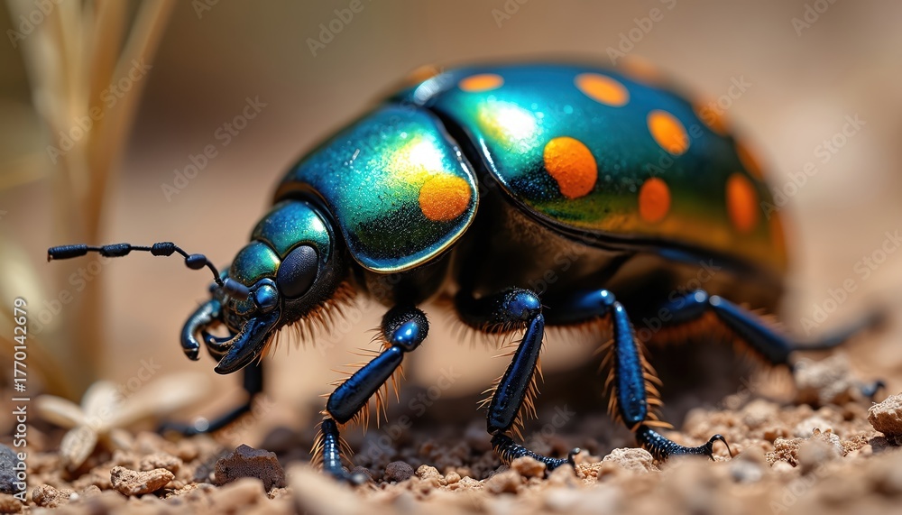 Fototapeta premium Close up of metallic with orange dots. Bug crawls on ground near dry plants. Insect has long antennae. Garden small pest on blurred nature ground.