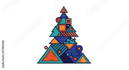 Abstract Christmas Tree Icon Geometric Design with Triangles, Orbs, and Shapes for the Holidays