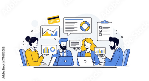 Business Team Collaboration and Financial Analysis Meeting with Charts and Documents