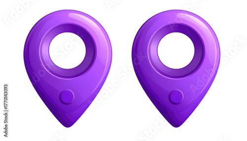 Two purple map pin icons with circular centers and dot bases, against a black background