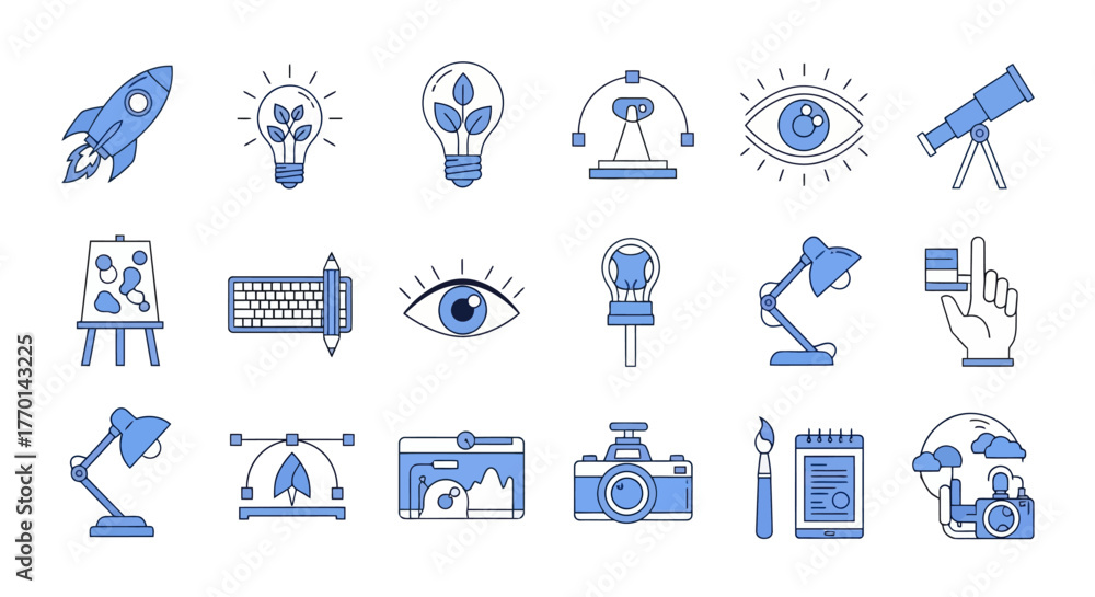 Naklejka premium Collection of Creative Design and Innovation Icons Rockets, Ideas, and Visuals, Illustration Icons