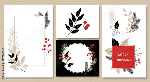 Festive Holiday Greeting Card Set with Botanical Elements in Black, Gold, and Red for Christmas