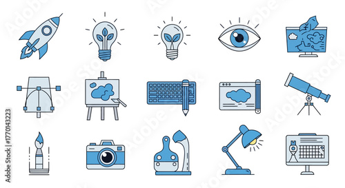 Creative Design and Innovation Set of Icons Representing Ideas, Technology, and Solutions