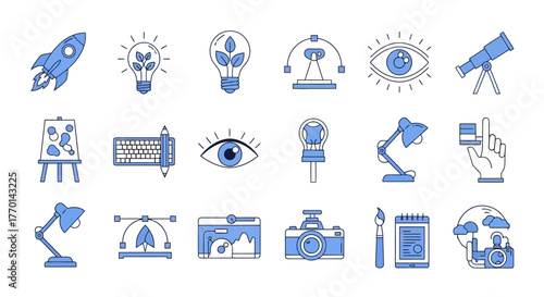 Collection of Creative Design and Innovation Icons Rockets, Ideas, and Visuals, Illustration Icons