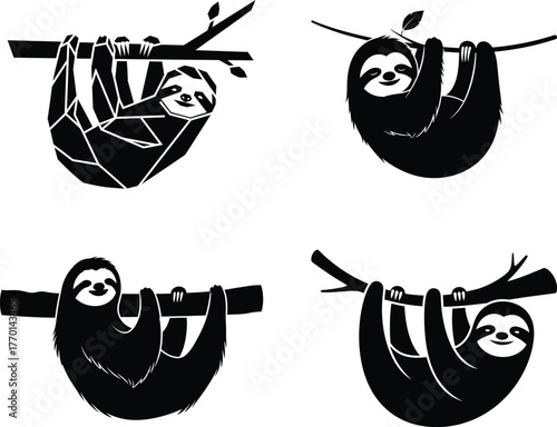 Sloth hanging on tree branch graphic illustration silhouette set silhouette