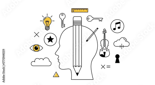 Creative Thinking Concept Illustrated Head with Ideas and Objects for Design Inspiration