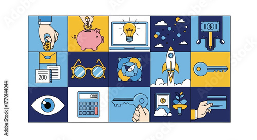 Colorful Financial and Business Icon Set Piggy Bank, Rocket, Key, Calculator, and More