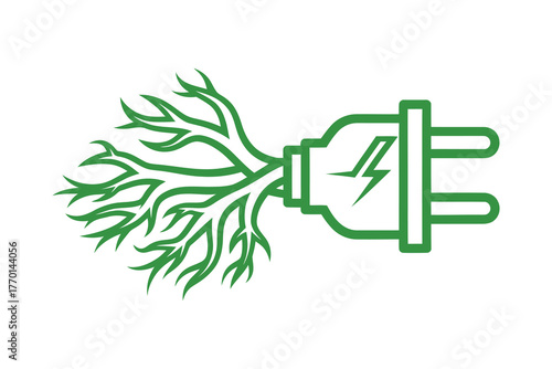 Green energy concept with an electrical plug growing into a plant, vector art, symbolic Logo