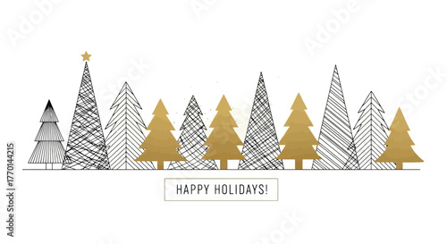 Festive Holiday Season Greeting Gold and Black Christmas Tree Line for Celebration and Joy