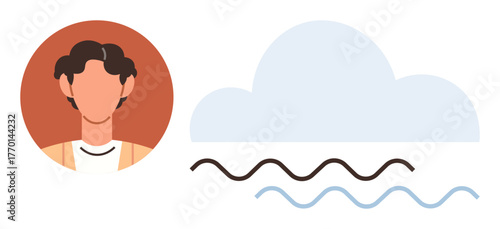 Profile of a person next to stylized cloud and wavy lines, symbolizing self-reflection, innovation, and connection. Ideal for creativity, identity, communication, cloud computing, minimalism
