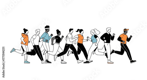 Diverse Group of People Running Together in a Row, Promoting Fitness and Community Spirit
