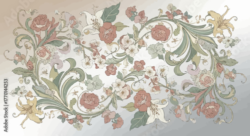 Elegant Floral Swirl Design A Vintage-Inspired Composition of Blossoms and Foliage for Artistic Flourish