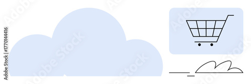 Light blue cloud, shopping cart icon, and minimalistic lines conveying e-commerce, online shopping, data storage. Ideal for technology, retail, connection, digital delivery cloud computing shopping
