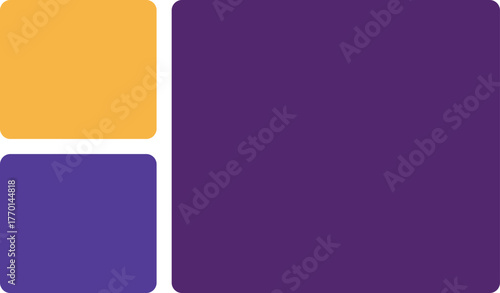 A minimalist composition featuring two small rounded rectangles, one yellow and one blue, positioned to the left of a large solid purple square on a