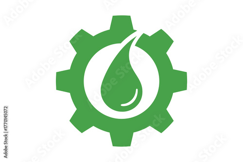Green gear symbol with water drop and leaf for eco friendly industry, vector art, symbolic Logo