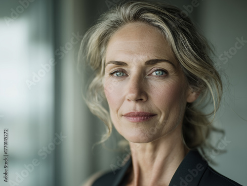 知的なキャリア女性　微笑む　モダンオフィス背景