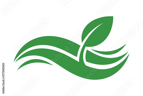 Green leaf and flowing water waves logo symbol for nature and environment, vector art, symbolic Logo