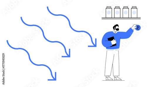 Man holding a coin and notebook near shelves, arrows symbolize cash flow, currency, and finance management. Ideal for economy, investment, savings, budgeting decision-making accounting. Simplified