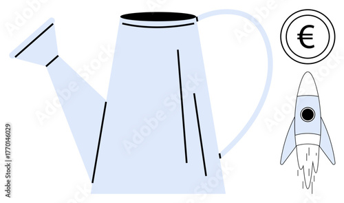 Large watering can, rocket launching upward, and Euro coin signifying investment, growth, and innovation. Ideal for finance, startup growth, entrepreneurship, sustainability creativity economic