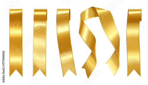 Six gold ribbons with varying folds on a black background
