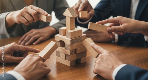 Conceptual teamwork with wooden blocks — symbolizing empathy, partnership, and effective workplace leadership