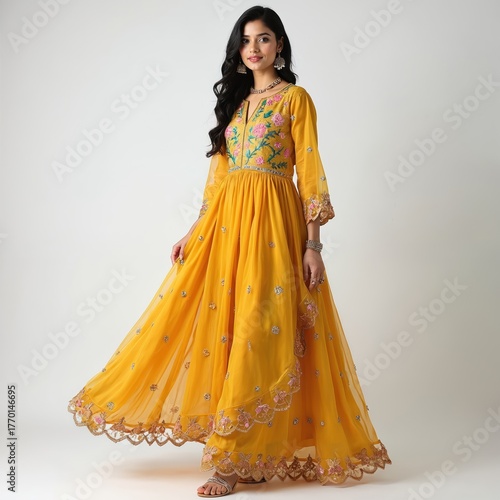 Young woman in traditional Indian yellow salwar kameez dress with embroidery. Female model poses in studio. Beautiful yellow dress with floral embroidery on white background. Embroidered long