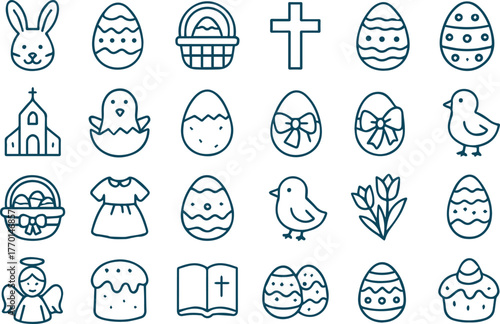 Line art illustration of easter icons isolated on white background, showcasing traditional symbols and elements associated with the christian holiday celebration