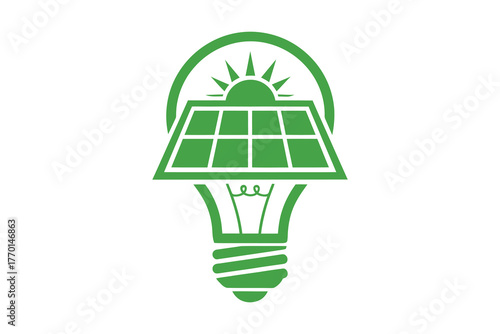 Green light bulb with solar panel and sun symbol representing renewable energy, vector art, symbolic Logo