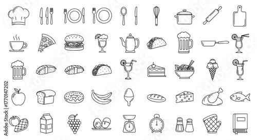 Collection of hand drawn food and drink icons representing a variety of culinary delights and beverages