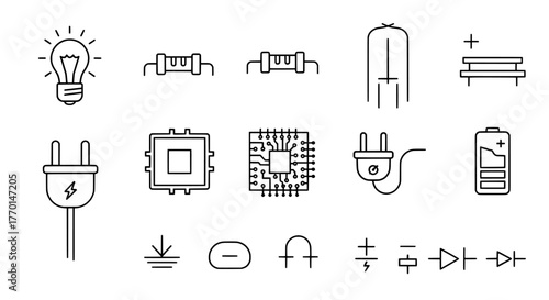 Collection of hand drawn electrical component icons representing power and circuits in a clean minimalist style
