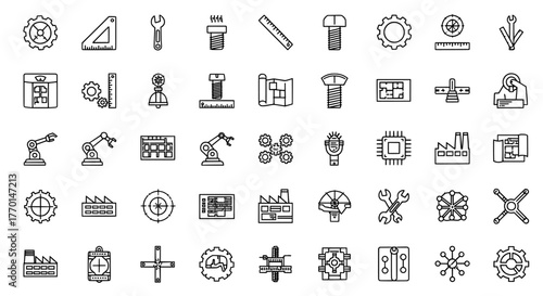 Collection of hand drawn industrial icons representing manufacturing engineering technology and mechanical components
