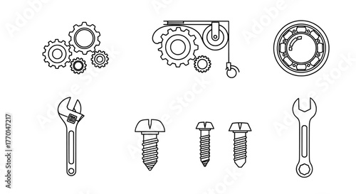 Collection of hand drawn industrial engineering mechanical elements including gears wrenches bolts and bearings