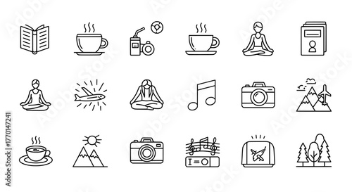 Collection of hand drawn doodle icons representing relaxation hobbies and leisure activities