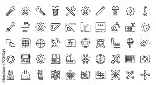 Collection of hand drawn industrial and mechanical engineering icons and symbols in a clean outline style