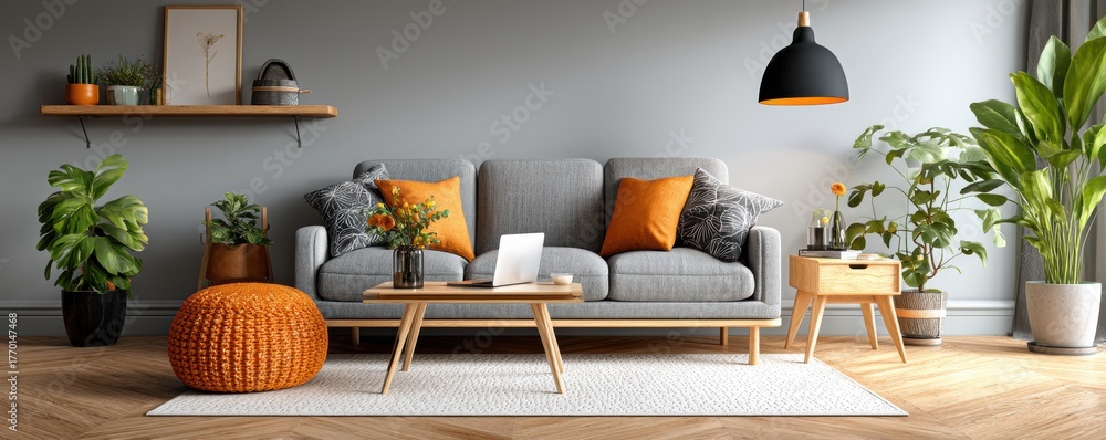 Obraz premium Modern Scandinavian-style living room with natural accents and orange details