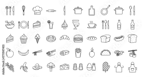 Collection of hand drawn sketch icons representing food drinks kitchenware and lifestyle elements