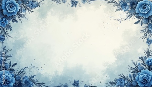 Fototapeta Naklejka Na Ścianę i Meble -  Illustration features blue floral design. Watercolor style painting depicts flowers in corners with decorative elements. Suitable for invitations cards or vintage themed projects.