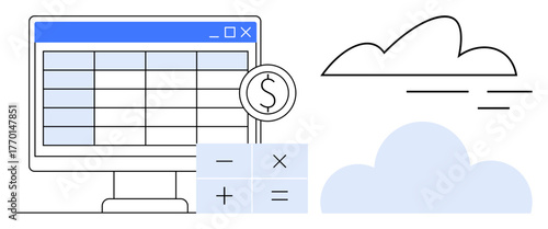 Digital spreadsheet, mathematical calculator, currency icon, and stylized clouds. Ideal for finance, budget planning, accounting software, cloud computing, business analytics fintech or remote