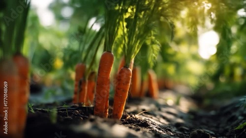 Fresh carrots grow in rich soil, bathed in warm sunlight