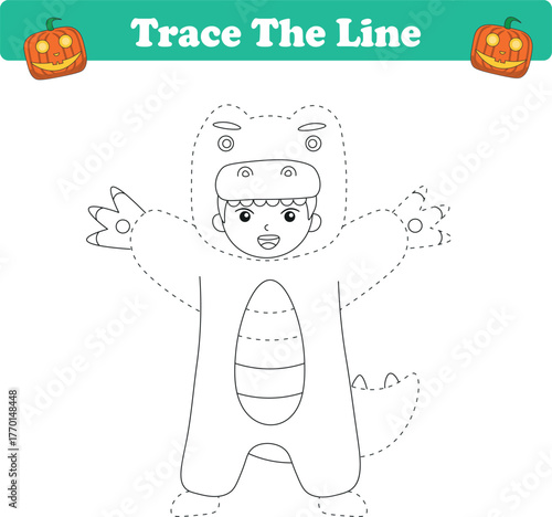 Trace line worksheets for children. Preschool handwriting practice with kids halloween. Vector illustration