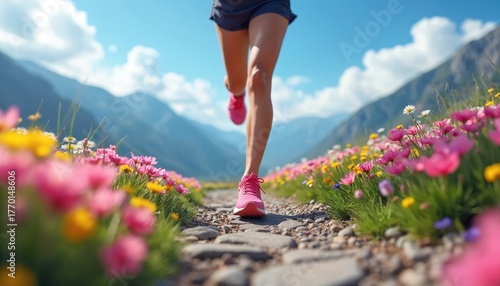 Female runner exercises on a path. She wears shorts and running shoes. Spring flowers bloom alongside the trail. Mountain range and sky in background.