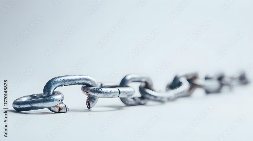 Obraz premium disconnected. Broken chain links with disconnected ends, minimalist metal texture symbolizing separation. wellbeing guides.