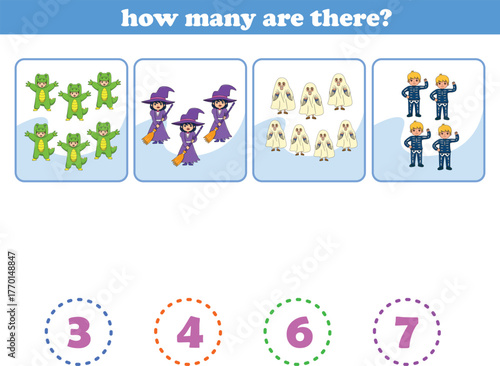Counting game of halloween kids for preschool kids. Printable. Vector Illustration