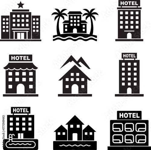 Black silhouette icons set of hotels and resorts including beach, mountain, city, and poolside accommodations for travel and tourism use.
