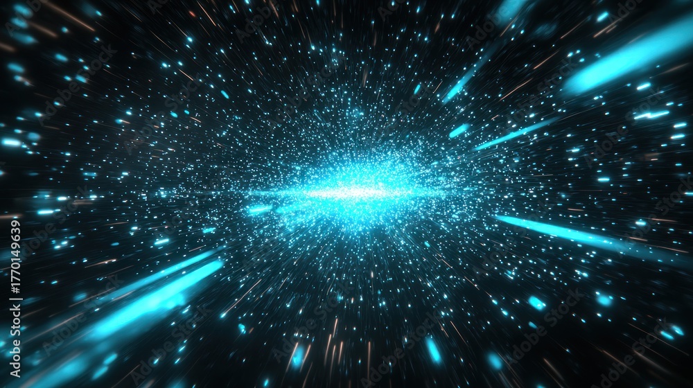 Fototapeta premium Abstract blue bursts of light radiating from a central point in dark space