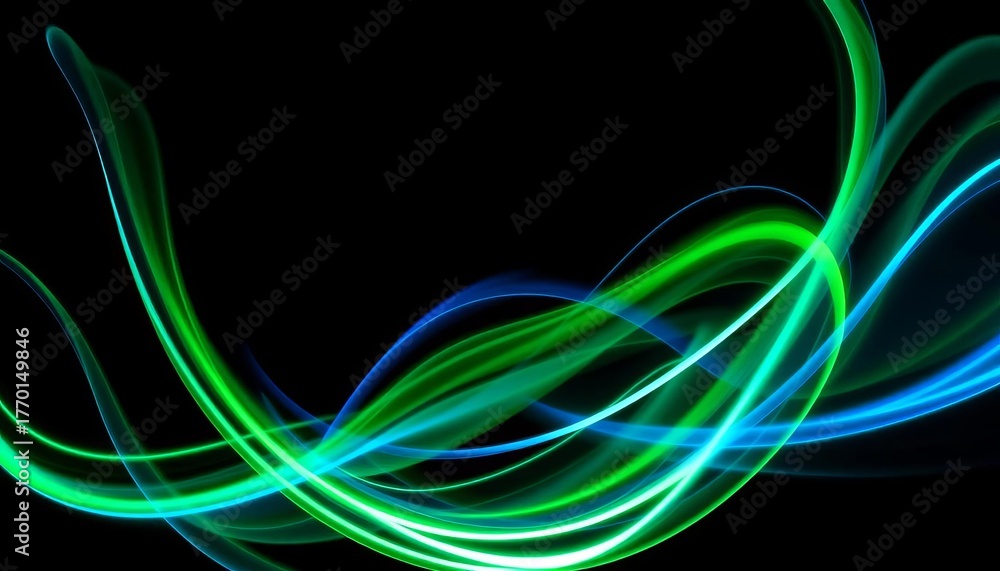 Fototapeta premium Abstract swirling neon blue and green wave pattern on black background , contemporary, bright