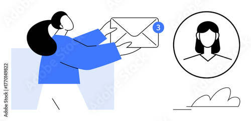 Woman holding email envelope with notification badge and user profile icon. Ideal for communication, teamwork, networking, notifications, email management, social media, digital interaction. Simple