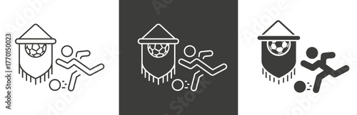 flat and linear set icons, football club pennant icon, sport flag pendant, soccer award, football player with a ball, simple symbols on white and black background - editable stroke vector illustration