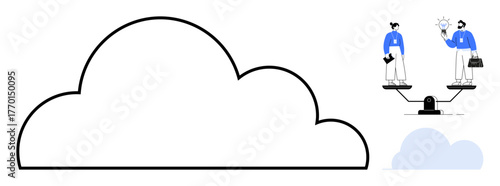 Cloud outline with two individuals balancing on scales, representing innovation and strategy. Ideal for technology, teamwork, balance, decision-making, leadership, creativity, resource management